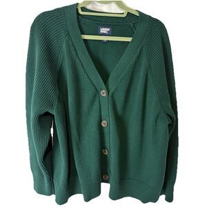 Lands End Women’s 3X Chunky Knit Cardigan Sweater Dark Green Button Grandma Cozy